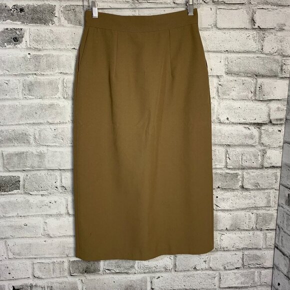 Vintage Camel Pleated High Rise Asymmetric Waist Midi Skirt - Picture 6 of 15
